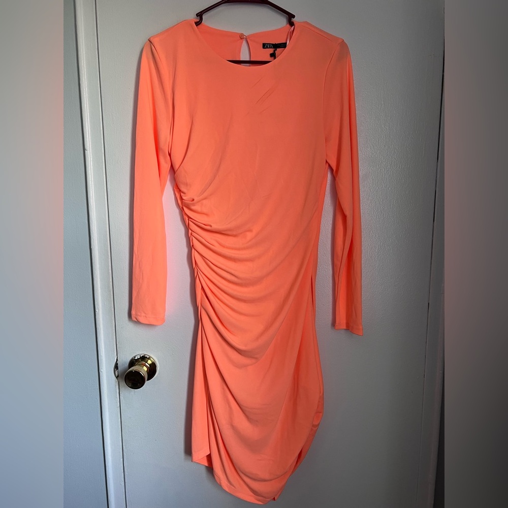 Zara Neon Orange Ruched Bodycon Dress